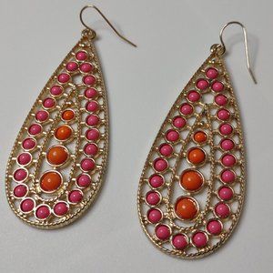 Pink Orange And Gold Tone Tear Drop Shaped Earrings